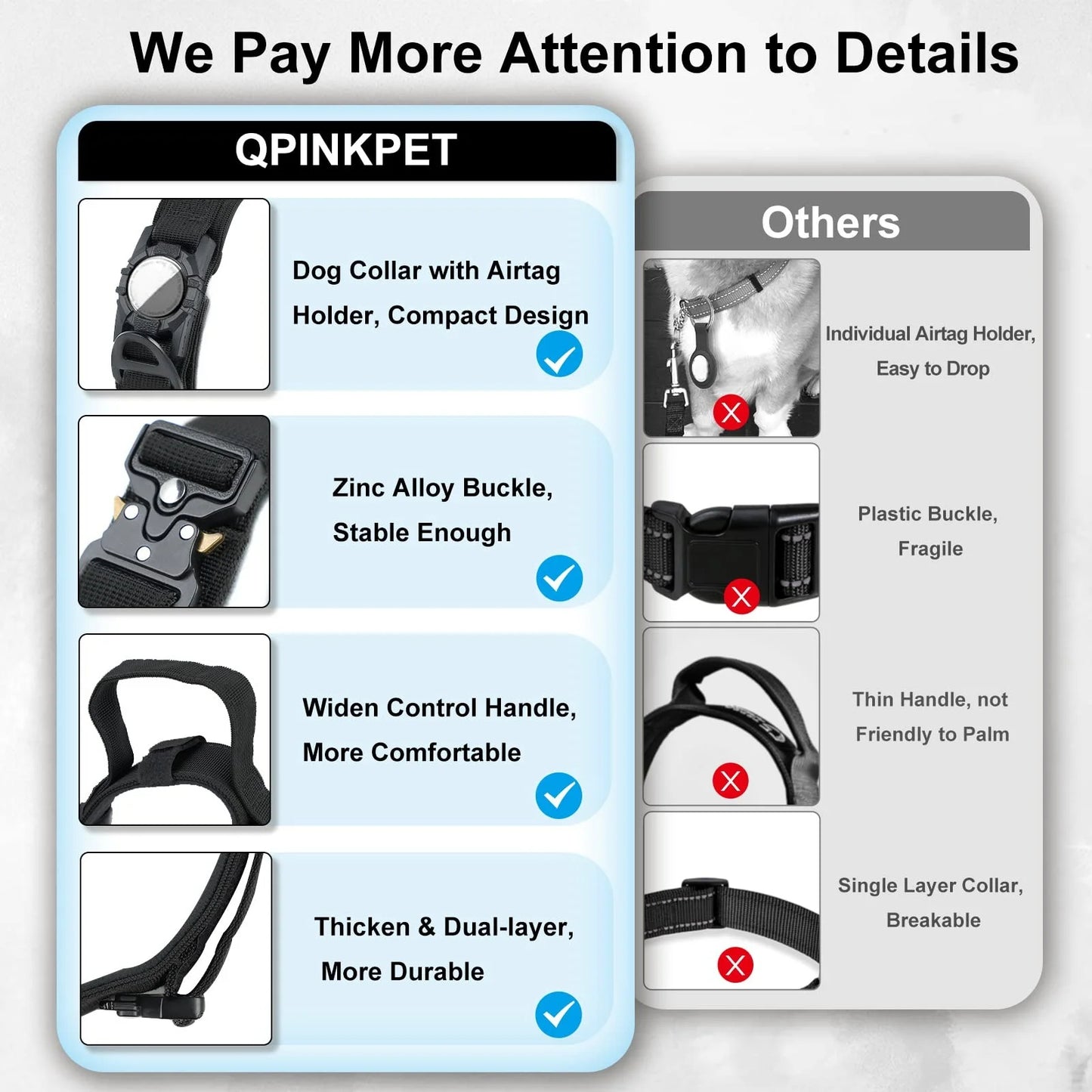 Side-by-side comparison highlighting Tactical AirTag dog collar features such as compact integrated AirTag holder, zinc alloy buckle, widened control handle, and dual-layer construction versus other collars with fragile parts and dangling holders