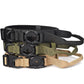 Stacked Tactical AirTag dog collars in black, green, and khaki colors, showing built-in AirTag holders, control handles, and metal hardware for size and color comparison