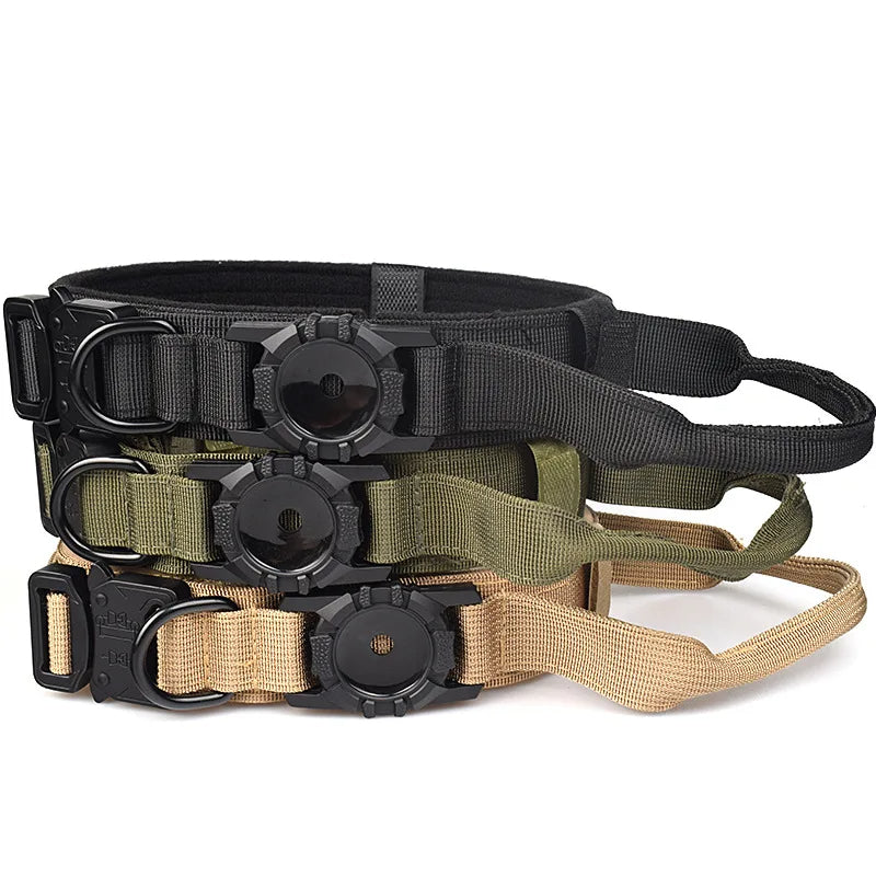 Stacked Tactical AirTag dog collars in black, green, and khaki colors, showing built-in AirTag holders, control handles, and metal hardware for size and color comparison