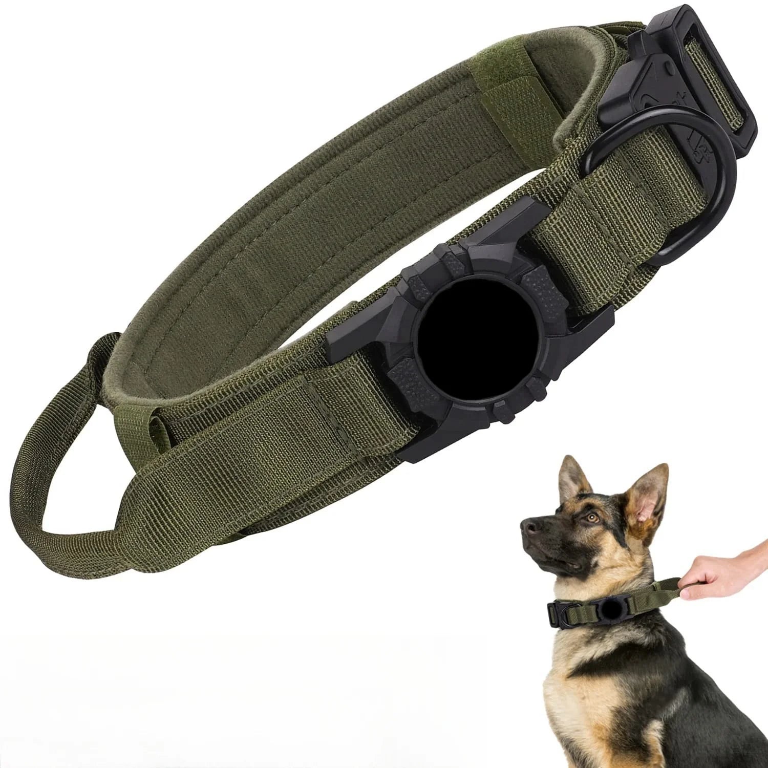 Green tactical AirTag dog collar with padded interior, metal buckle, control handle, and built-in AirTag holder, shown close-up and worn on a dog’s neck
