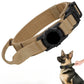 Khaki tactical AirTag dog collar with padded interior, metal buckle, control handle, and built-in AirTag holder, shown close-up and worn on a dog’s neck