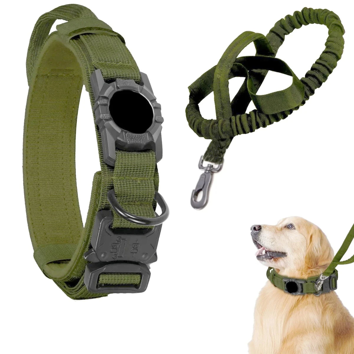 Green tactical AirTag dog collar and matching leash set with built-in AirTag holder, metal buckle, control handle, and elastic leash, shown together and worn by a dog