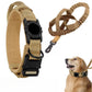Khaki tactical AirTag dog collar and matching leash set with built-in AirTag holder, metal buckle, control handle, and elastic leash, shown together and worn by a dog