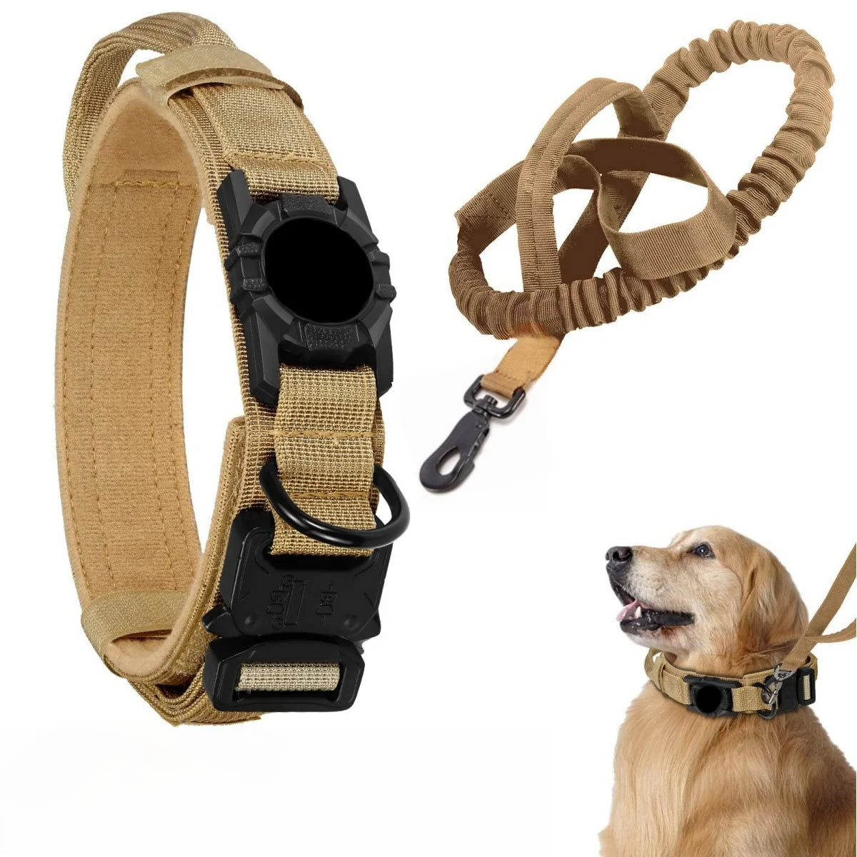 Khaki tactical AirTag dog collar and matching leash set with built-in AirTag holder, metal buckle, control handle, and elastic leash, shown together and worn by a dog