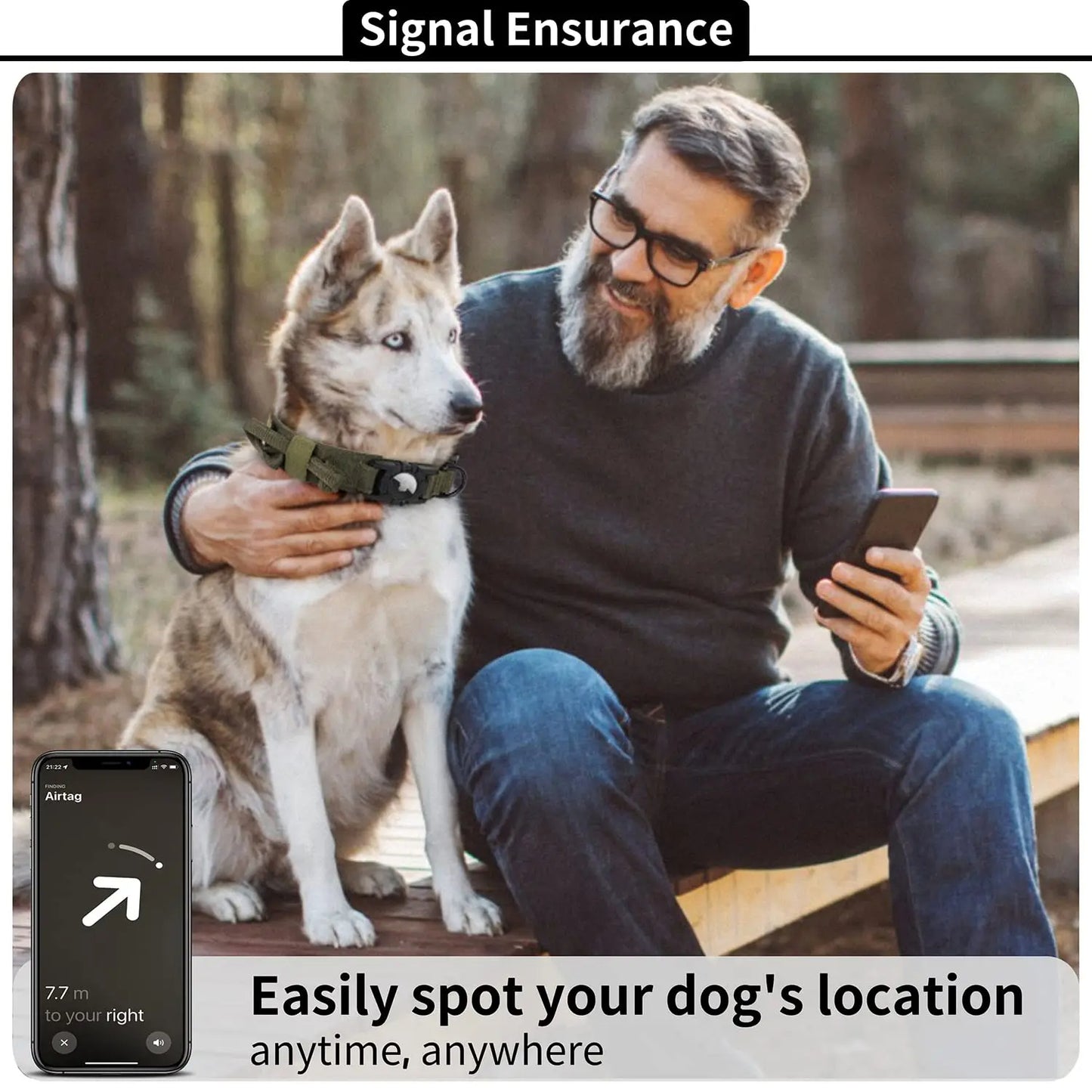 Man sitting with his dog wearing a Tactical AirTag collar while checking location on a smartphone, showing reliable tracking and signal assurance outdoors