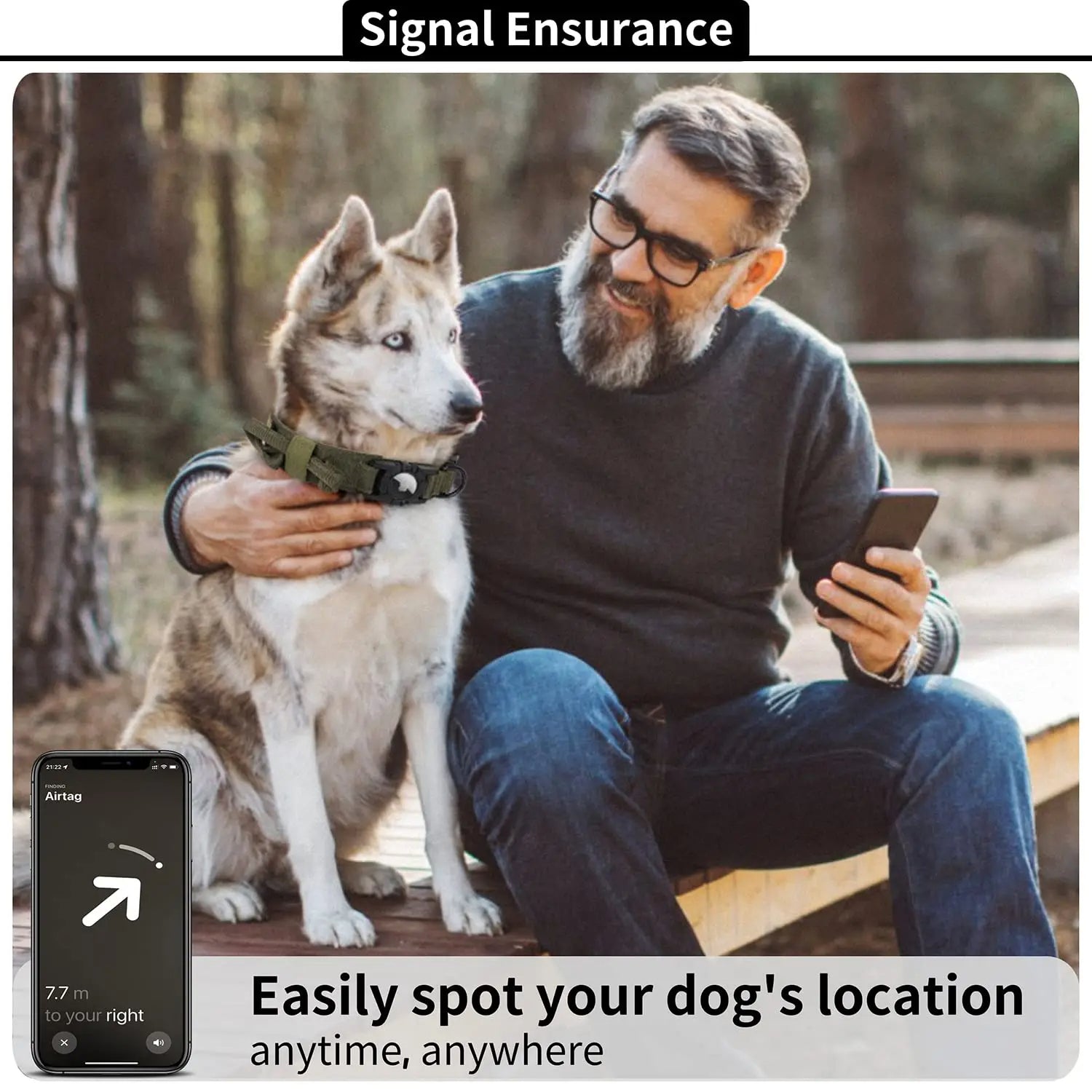 Man sitting with his dog wearing a Tactical AirTag collar while checking location on a smartphone, showing reliable tracking and signal assurance outdoors