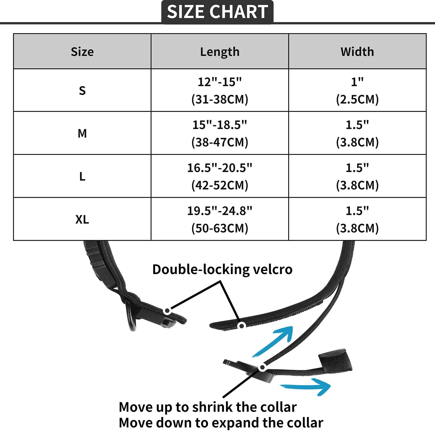 Size chart for Tactical AirTag dog collar showing neck length and width for sizes S to XL, with diagram explaining double-locking Velcro adjustment to shrink or expand the collar