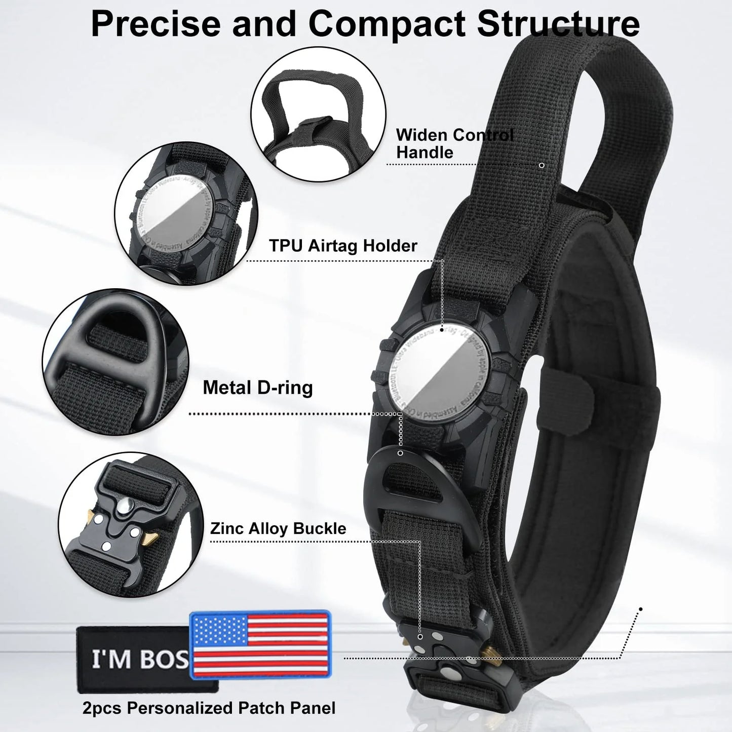 Diagram showing Tactical AirTag dog collar components including widened control handle, TPU AirTag holder, metal D-ring, zinc alloy buckle, padded lining, and personalized patch panel