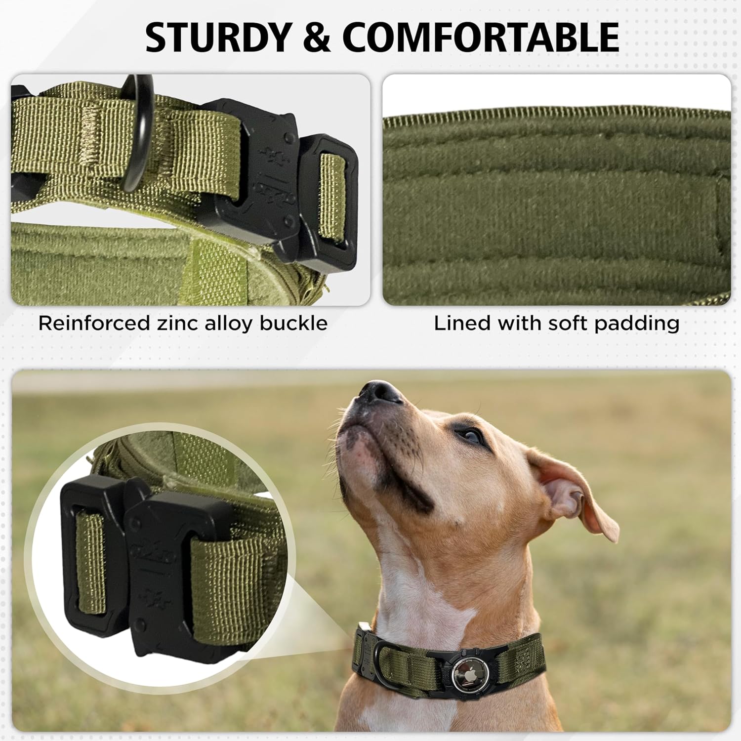 Tactical AirTag dog collar with reinforced zinc alloy buckle, soft padded lining, and built-in AirTag holder, shown close-up and worn by a dog outdoors