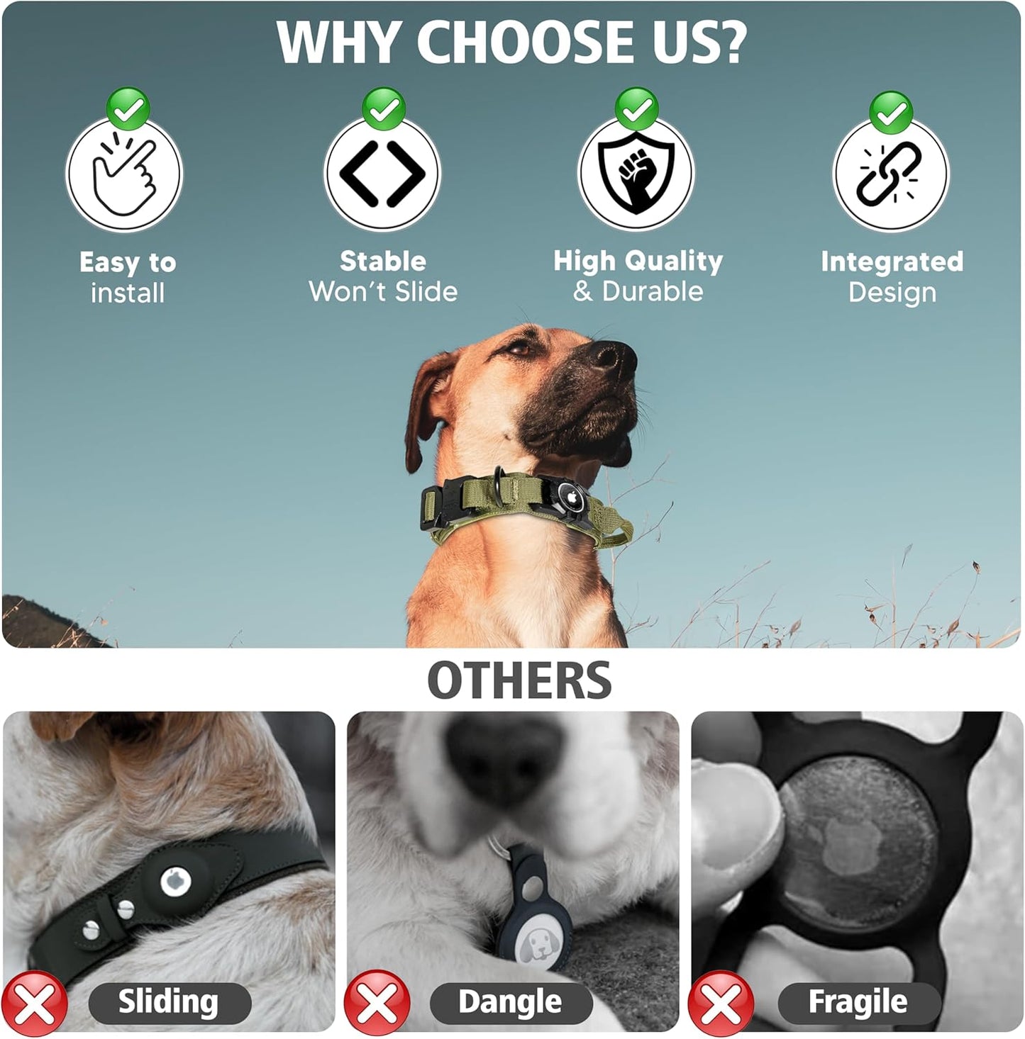 Comparison graphic showing Tactical AirTag dog collar benefits including stable fit, durable design, and integrated AirTag holder versus other collars that slide, dangle, or break