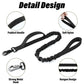 Black tactical dog leash with padded handle, soft nylon webbing, strong metal hook, and elastic bungee design, shown with close-up detail views of materials and construction