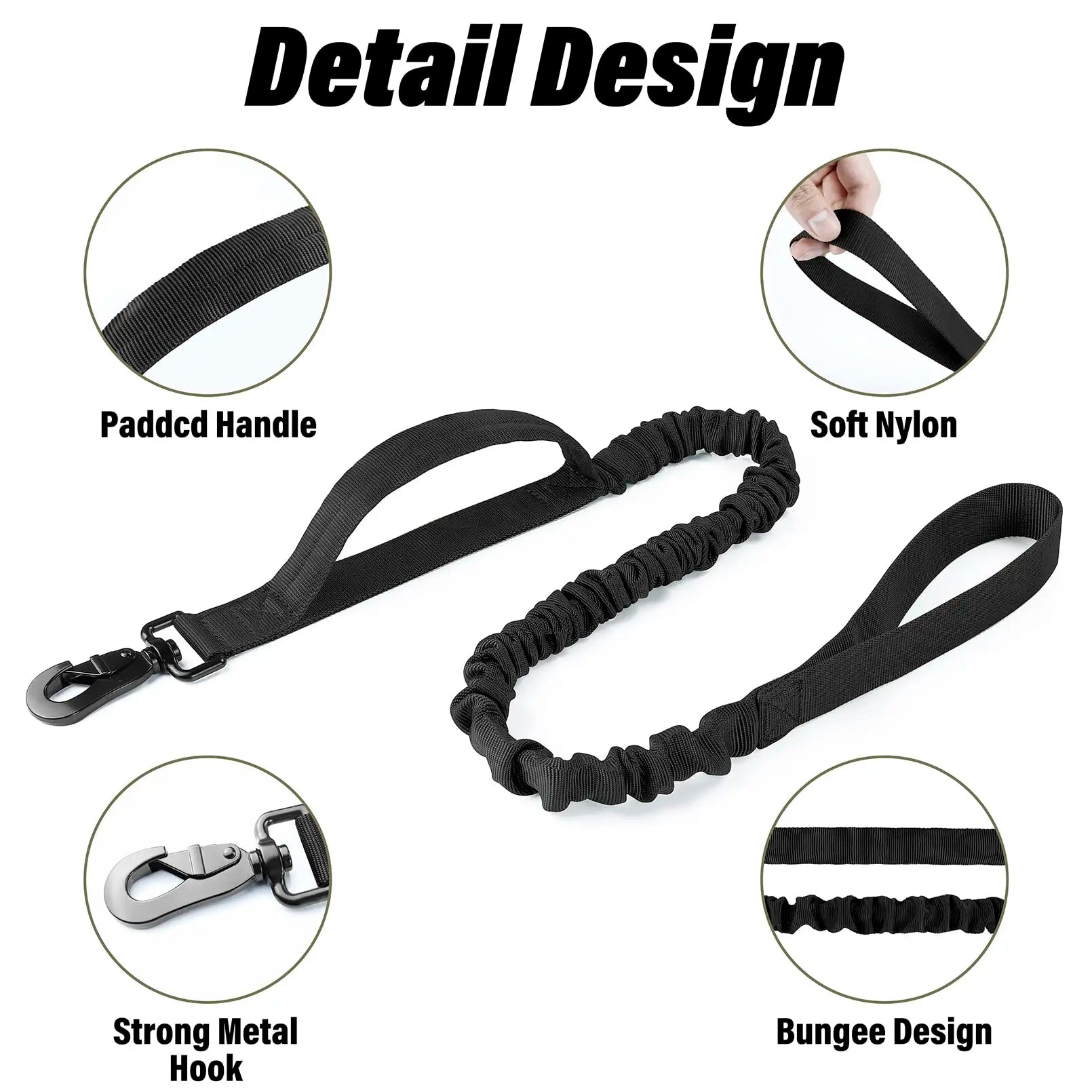 Black tactical dog leash with padded handle, soft nylon webbing, strong metal hook, and elastic bungee design, shown with close-up detail views of materials and construction